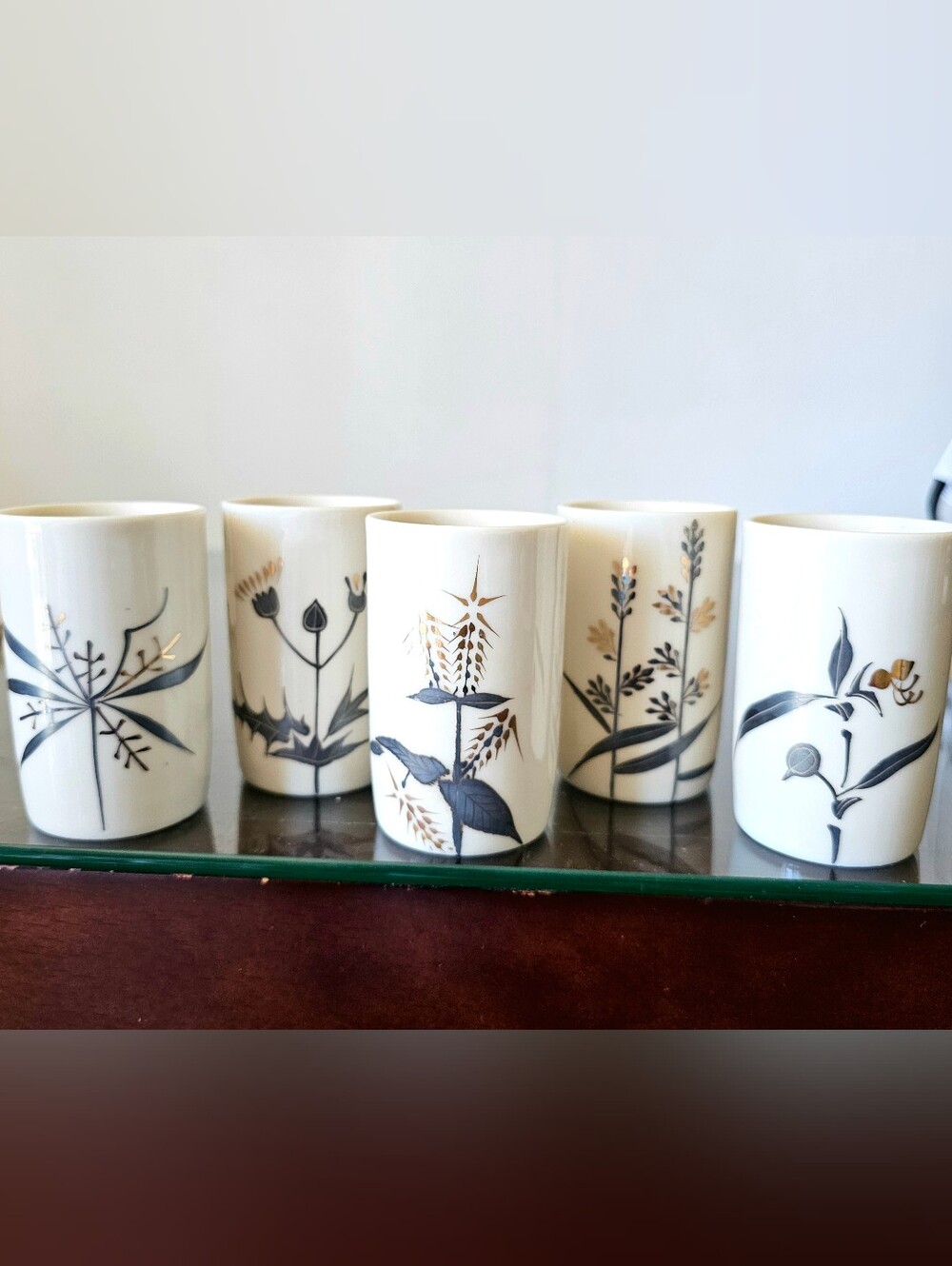 MCM Japanese Hand Painted Botanical Porcelain Barware Sake Cups Set of 5